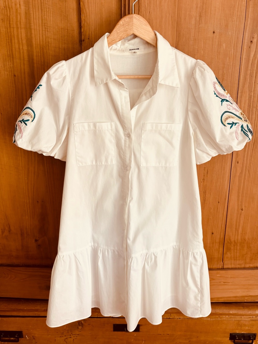 White Embroidered Puff-Sleeve Shirt Dress